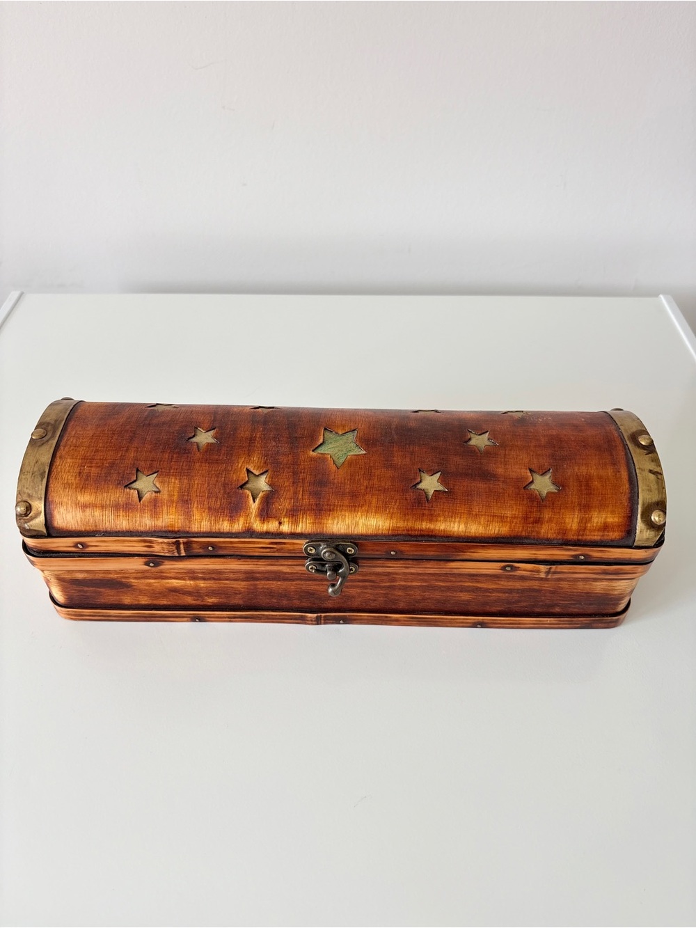 Celestial Stars Bentwood and Bamboo Box Domed Lid with Latch Vintage Chest